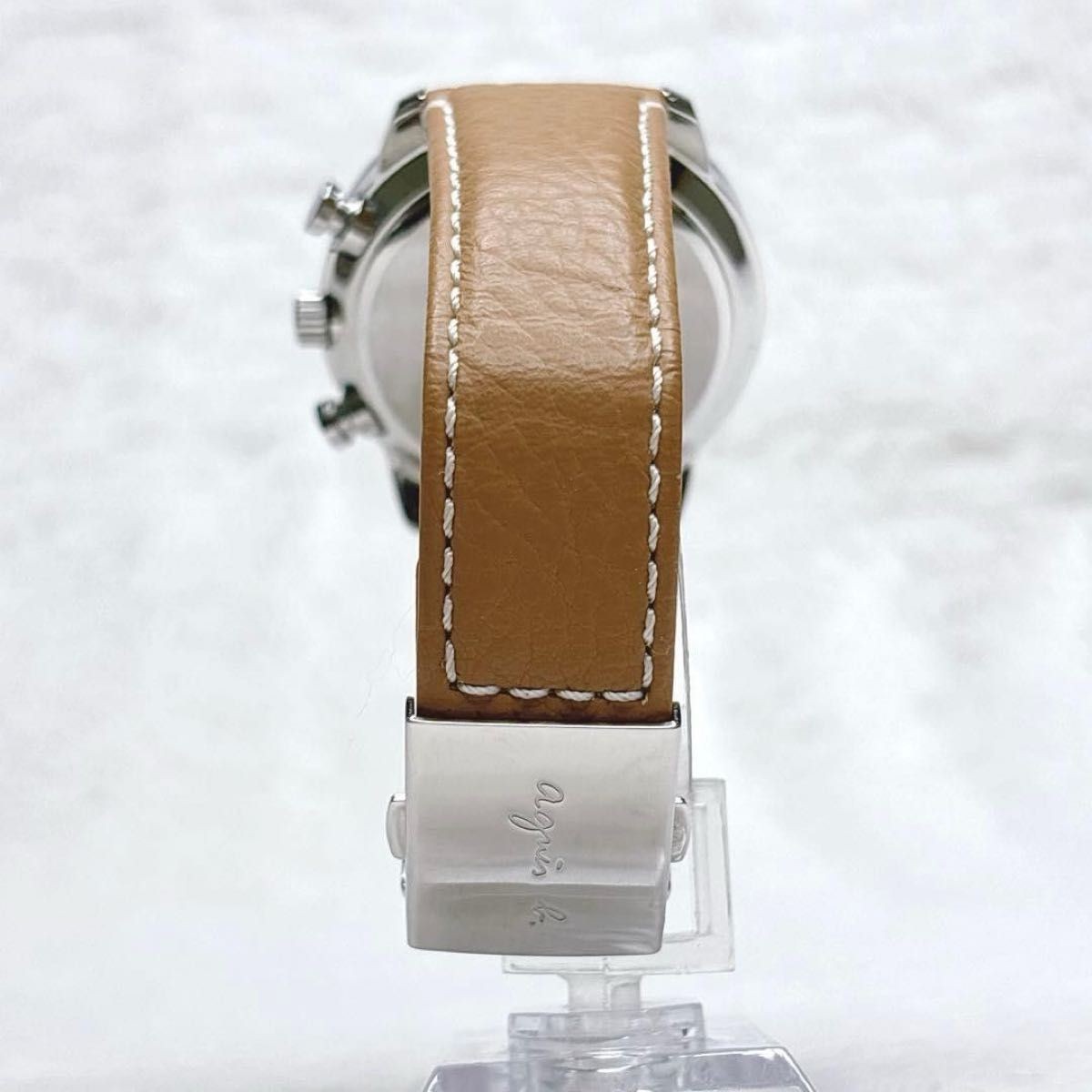 agnes b. SAM Solar Chronograph White Dial Men Leather Watch V172-0AW0