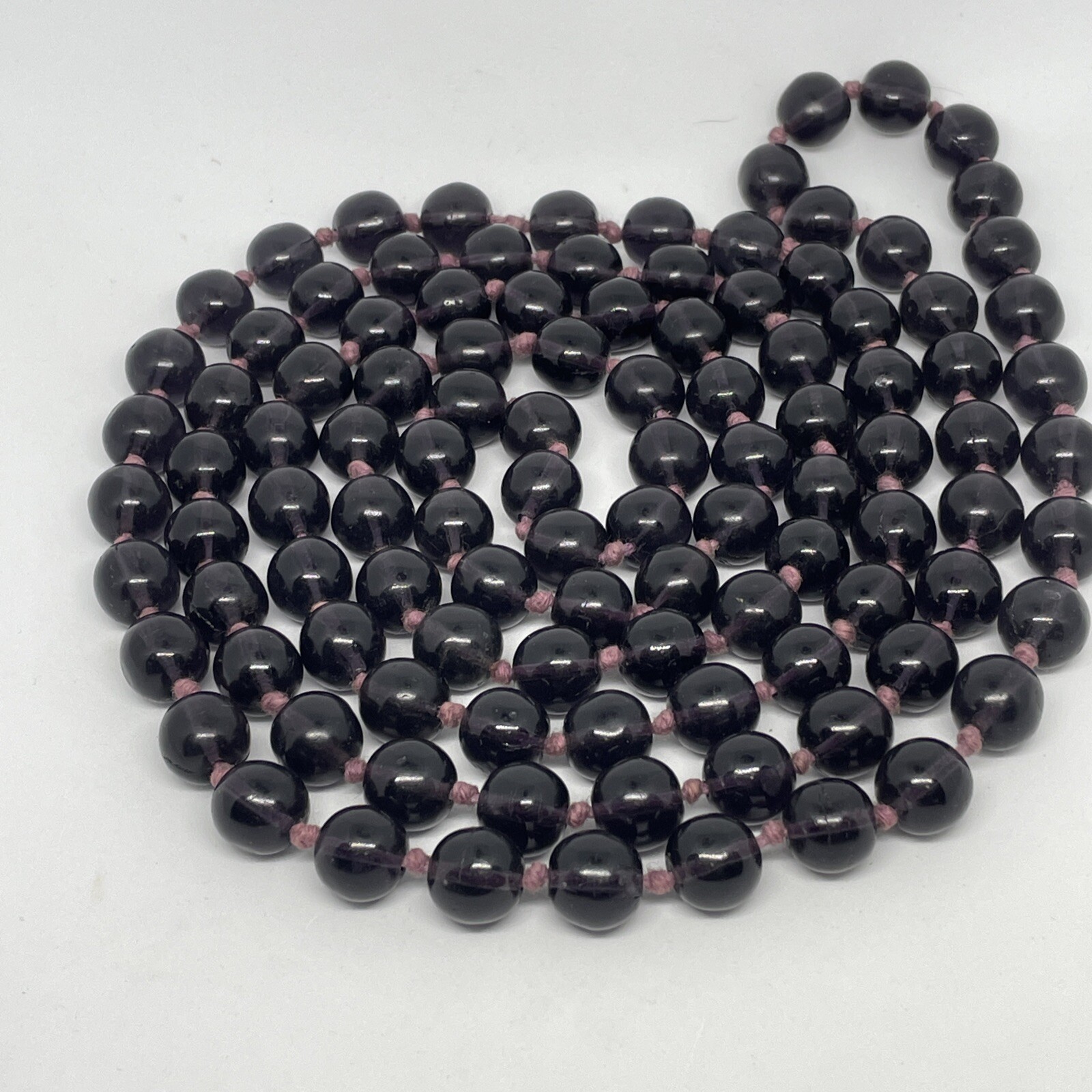 Vintage Deep Purple Chinese Glass Hand Knotted Round Bead Long Necklace 29”