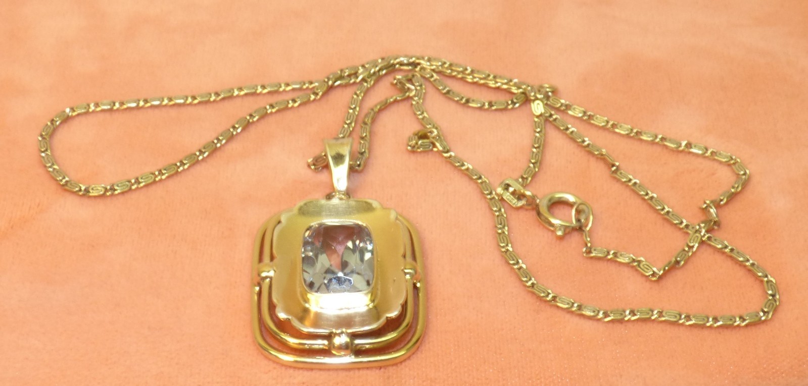 Antique Art Deco 835 Silver & Blue Spinel Pendant Necklace 19 1/2″ Snail Chain