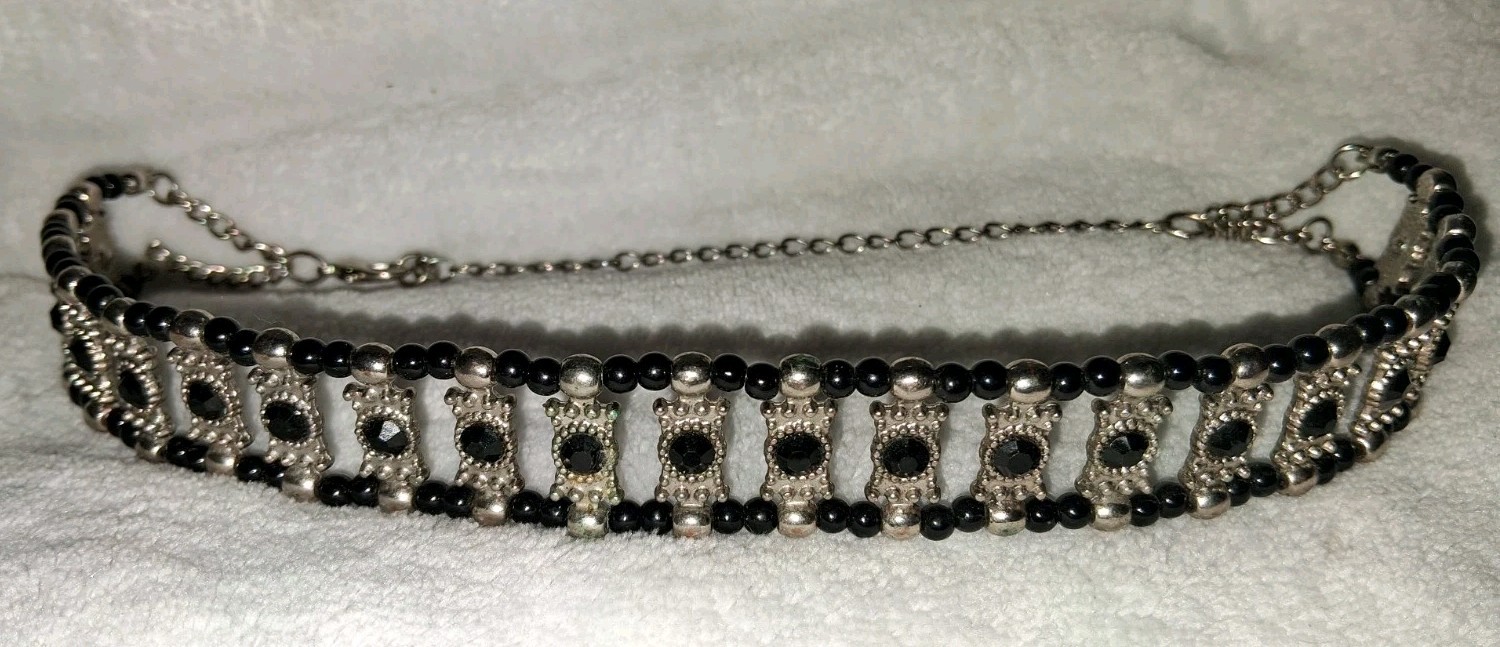 Vtg Gothic Black Beaded Panel Choker Necklace Silver Tone Victorian Rhinestone