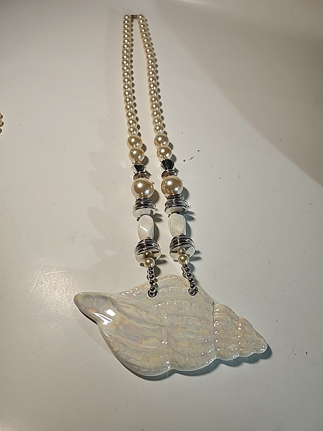Iridescent SHell Pearl Necklace Silver Long 24 inch Statement Piece