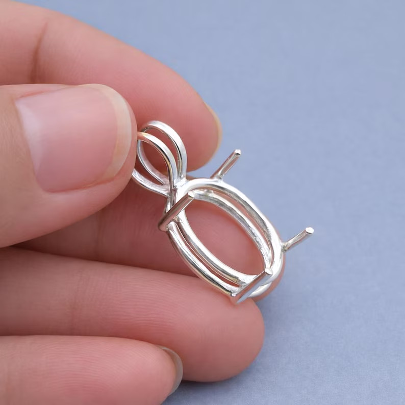 925 Sterling Silver 8x12mm Oval Prong Pendant Setting Pre-Notched Handmade