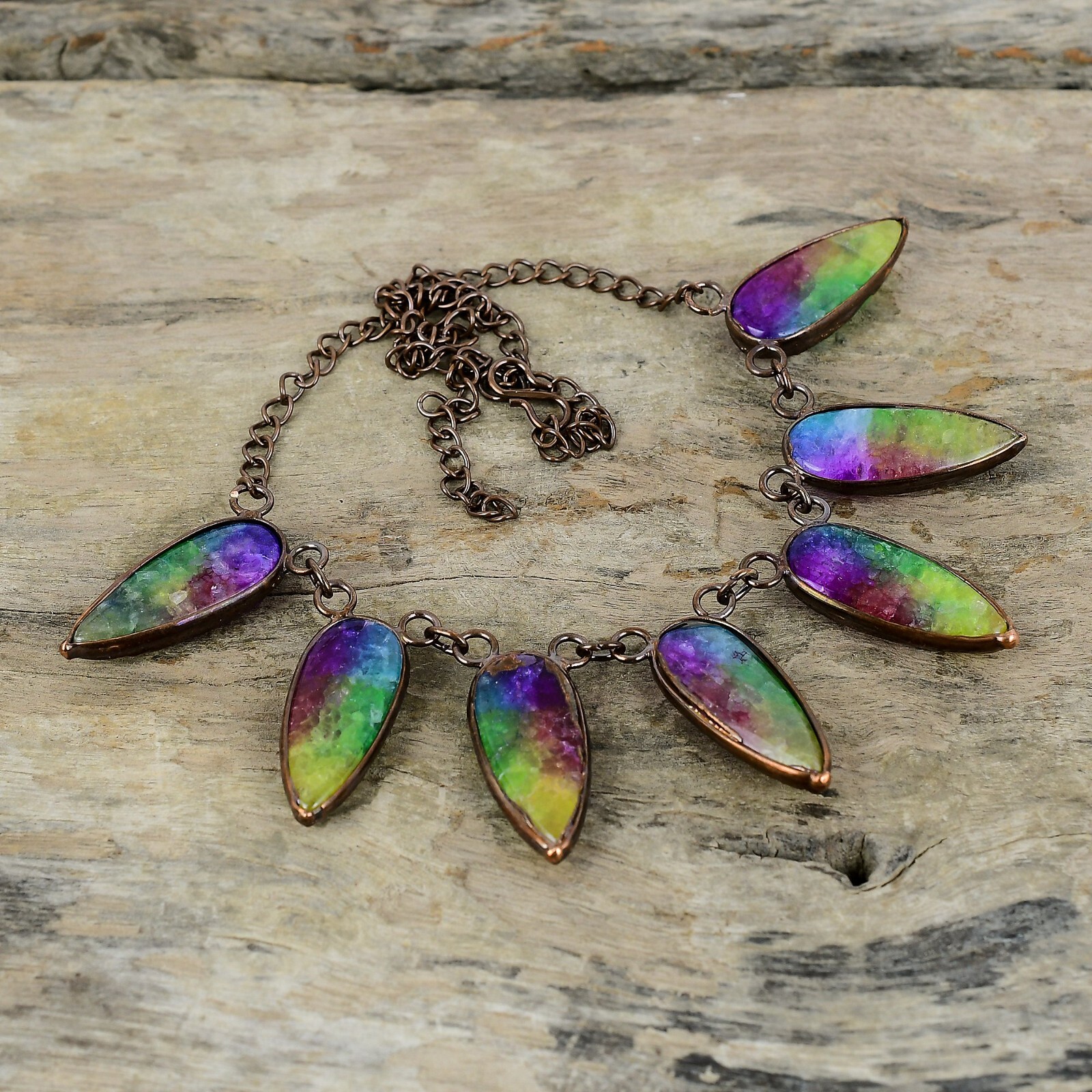 Gift Electroformed Adjustable Necklace Copper Rainbow Solar Quartz Druzy 18.0″