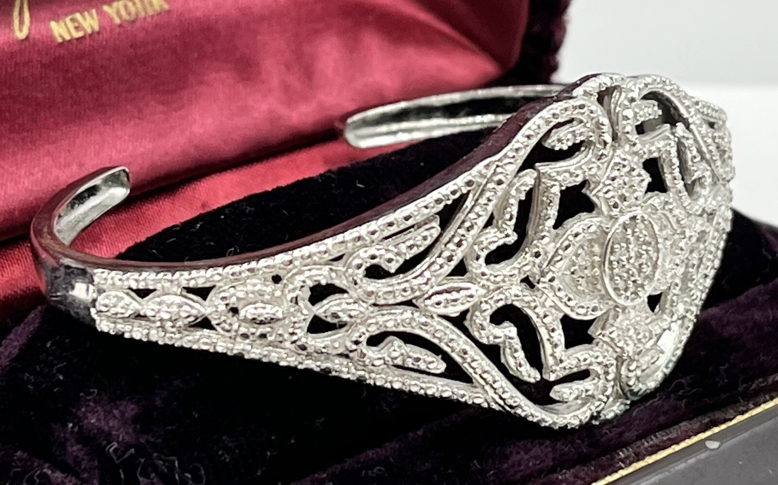 Vintage KARIS STS Silver plated FAUX MARCASITE Crystal CUFF Bracelet LOVELY