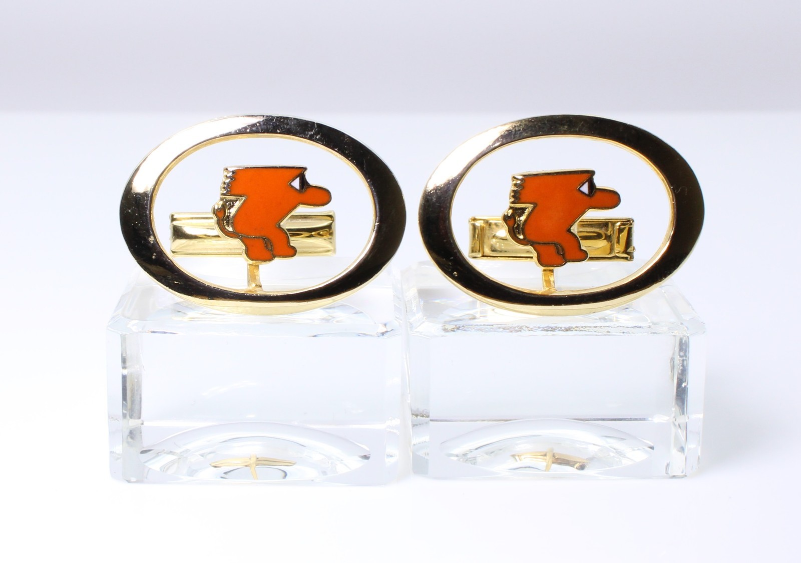 Vintage 1950s Orange Enamel Mascot Floating Logo Cufflinks MCM Gremlin Gnome