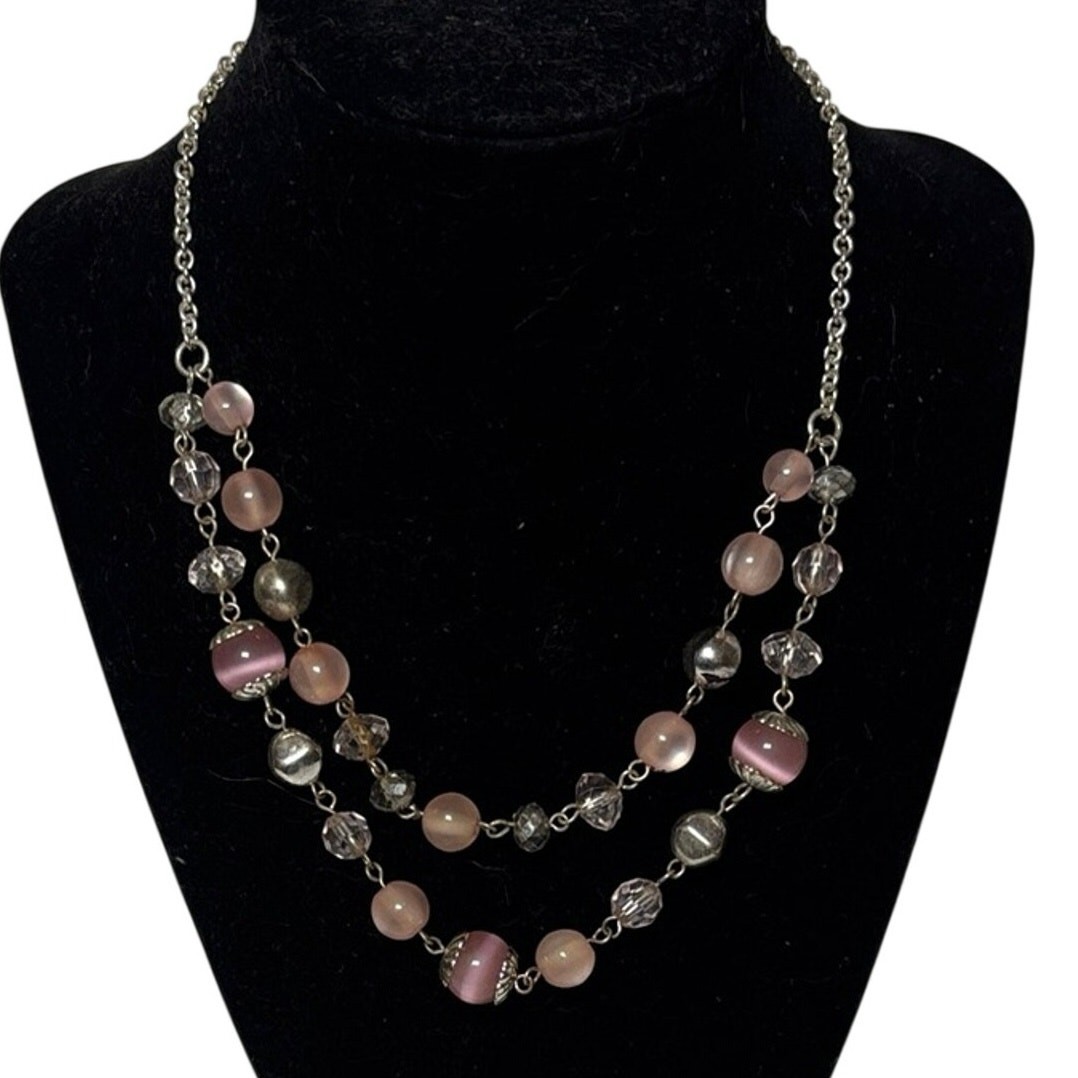 Pink Mauve Acrylic Beaded Double Strand Necklace Silver Tone 16” Adjustable