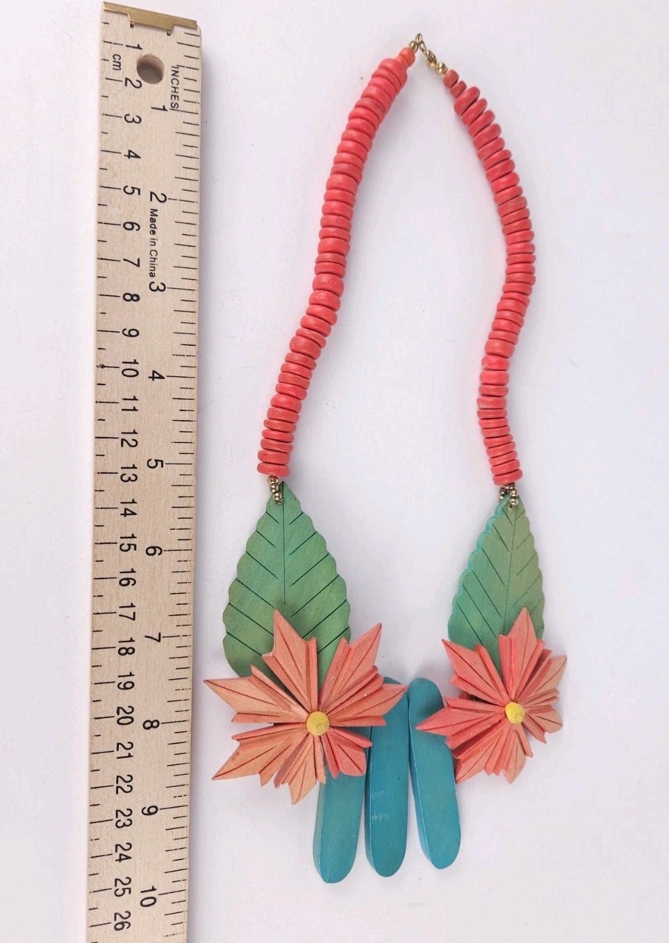 Colorful Dyed Wooden Flower Leaf Statement Beaded Necklace