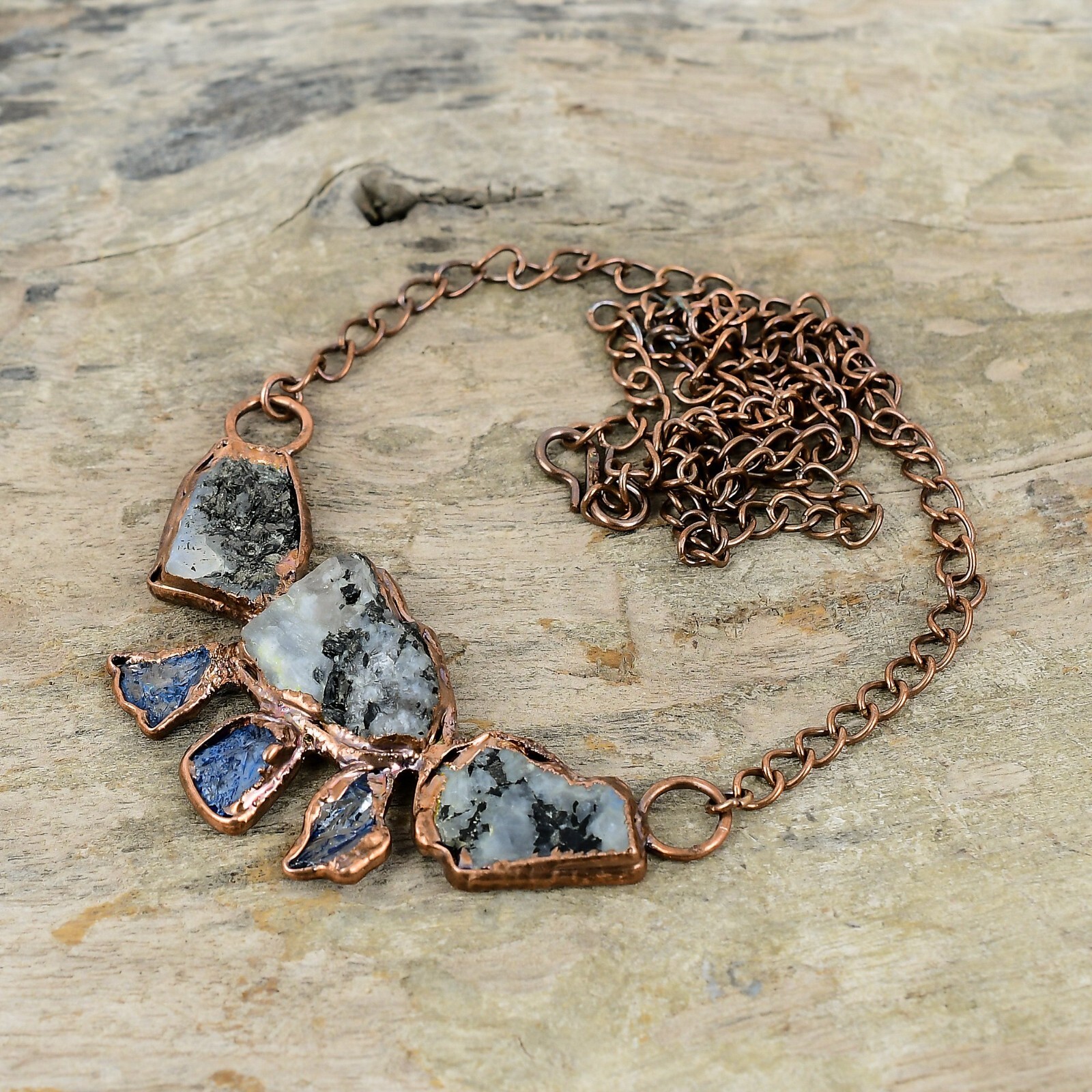 Rainbow Moonstone Rough Electroformed Chain Adjustable Necklace Copper 18.0″