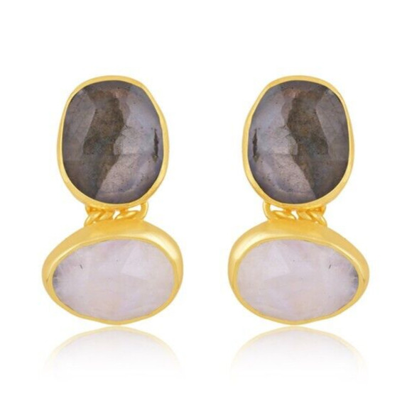 Double Stone Stud Earrings Gold Plated Unshape Stud In Labradorite & Moonstone