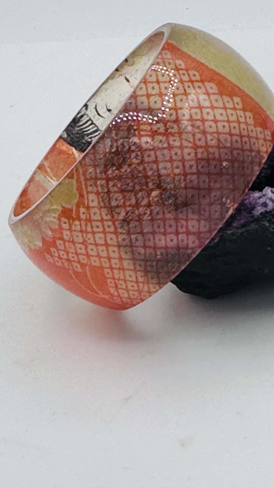 Vintage Signed Asian Geisha Decoupage Lucite Wide Bangle Bracelet Orange