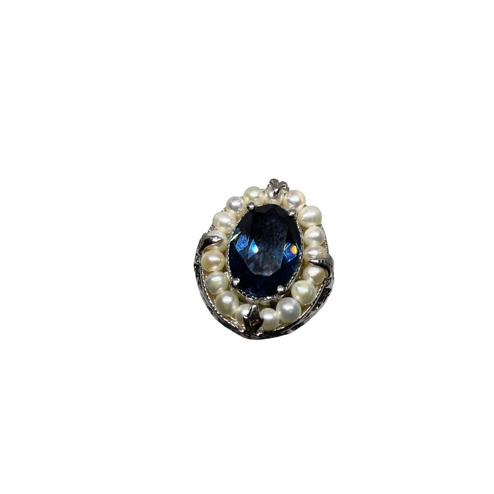 STS Karis Silver Toned Ring Blue Oval simulated gemstone Pearl Accents Intricate