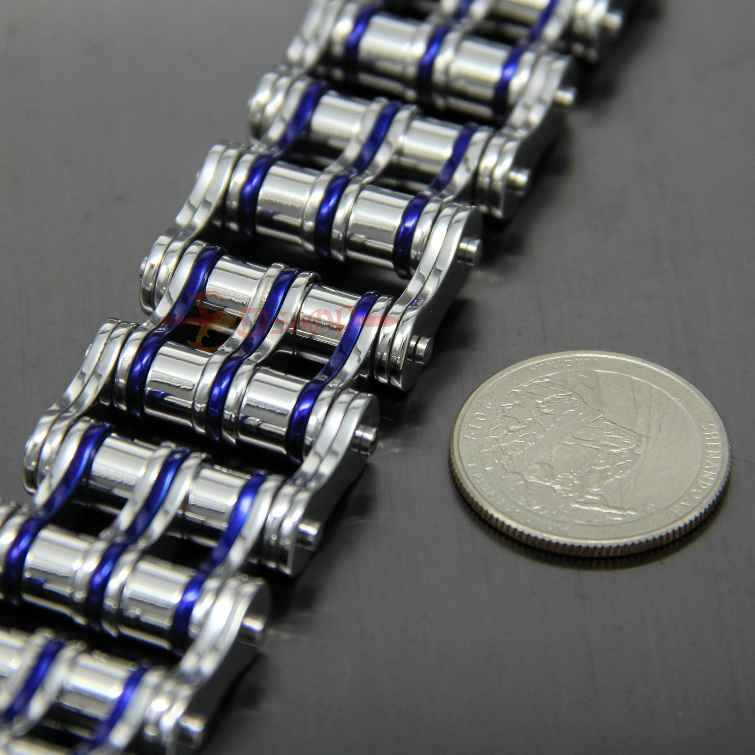 Men’s Heavy Stainless Steel Motorcycle Bike Chain Bracelet Silver/Blue 27mm Wide