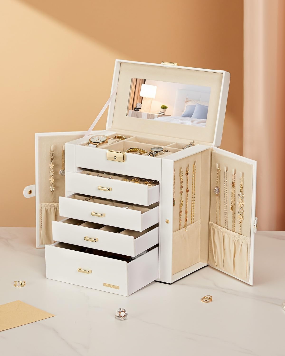 Stylish Jewelry and Watch Organizer – White Faux Leather, Lockable Design