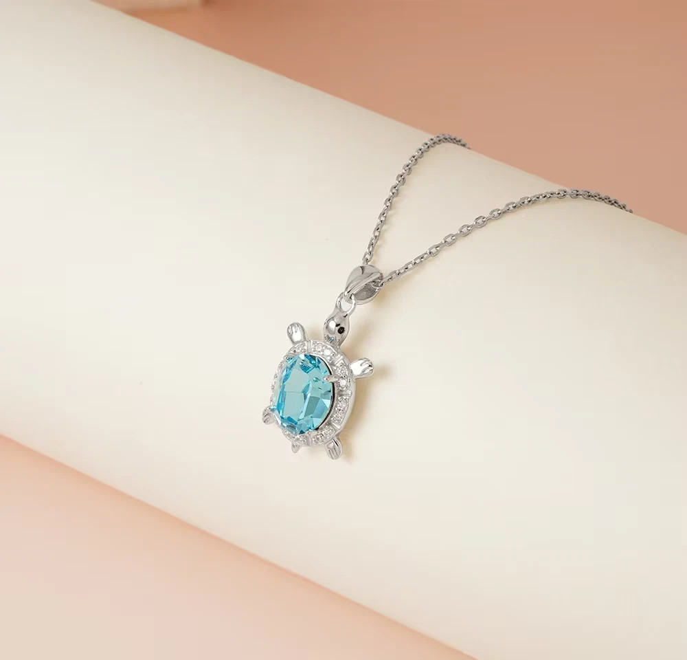 2Ct Oval Cut Lab-Created Aquamarine Turtle Women’s Pendant 14k White Gold Plated