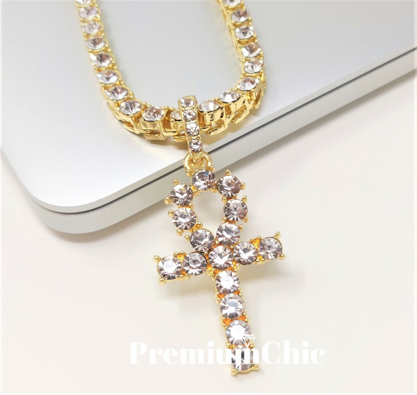 ANKH Cross Pendant ICED Tennis Chain Gold Plated Silver Rose Hip Hop CZ Necklace