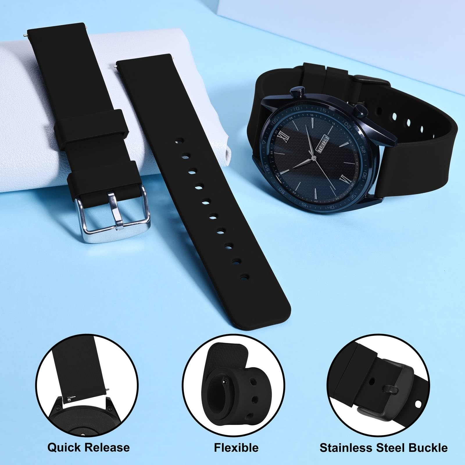 WOCCI 22mm Silicone Watch Band, Quick Release Rubber Replacement Strap with B…