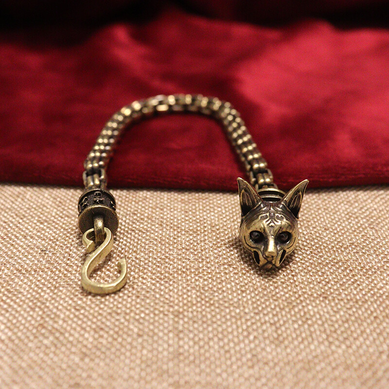 Bastet w/ Garnet Eyes Brass Ancient Egyptian Cat Deity Golden Chain Bracelet