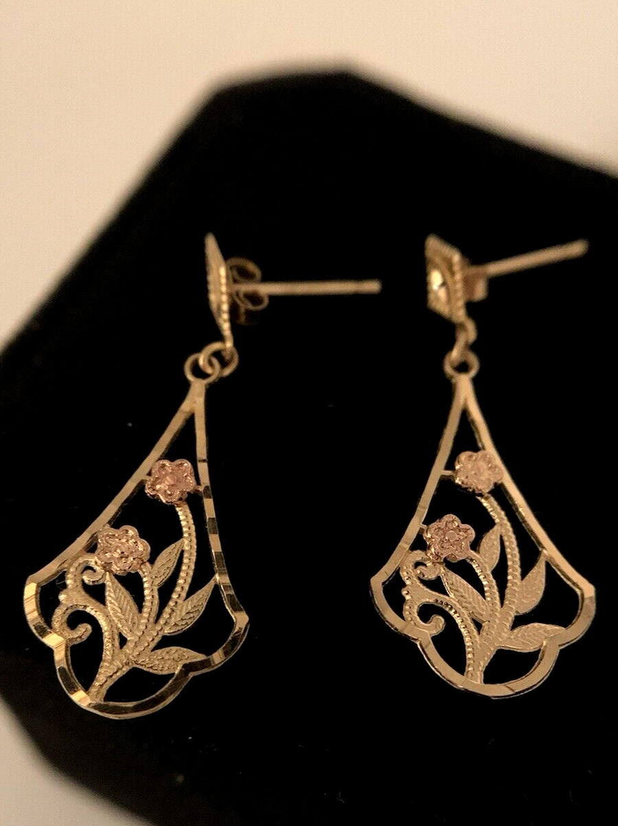10k YelGold Rose Flower Drop Earrings,32mm x 13mm/28mm Drop,1.2g,FREEgftBx$4valu