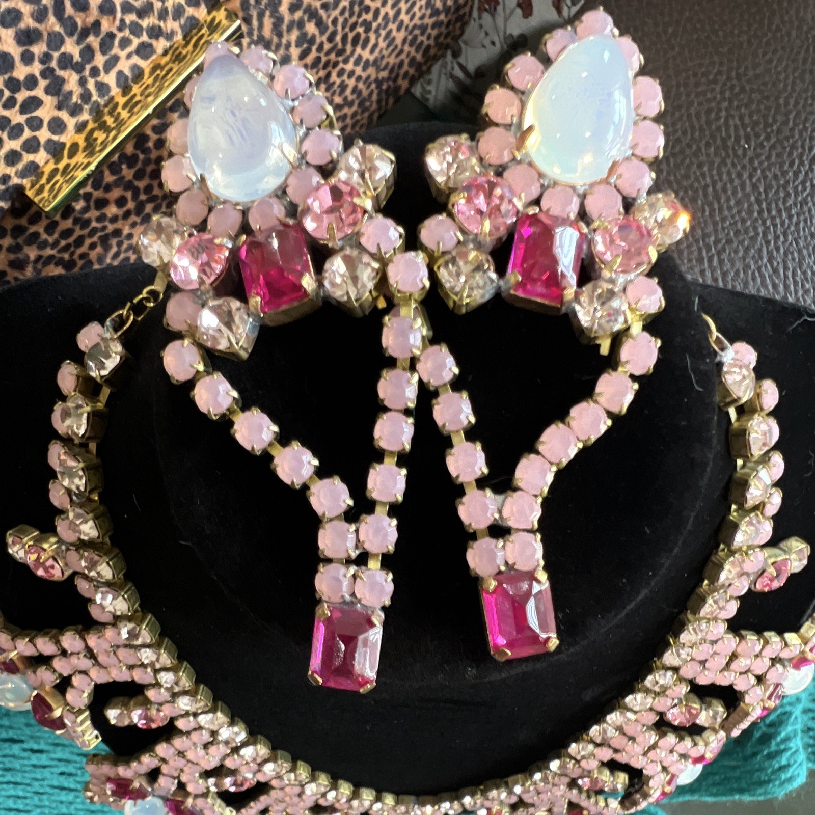 Pink & Clear Vintage Crystal Bib Statement Necklace, Prong-Set Round Stones
