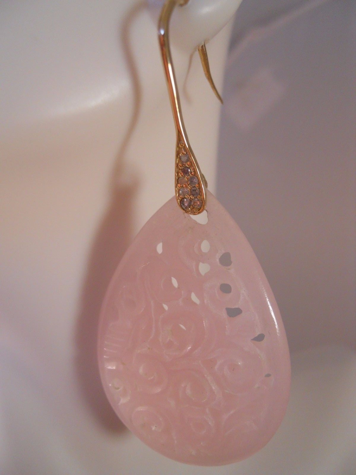 HEAVY 15.67G 10K YELLOW GOLD 66.10CT PINK QUARTZ DIAMOND CARVED FLOWER EARRINGS