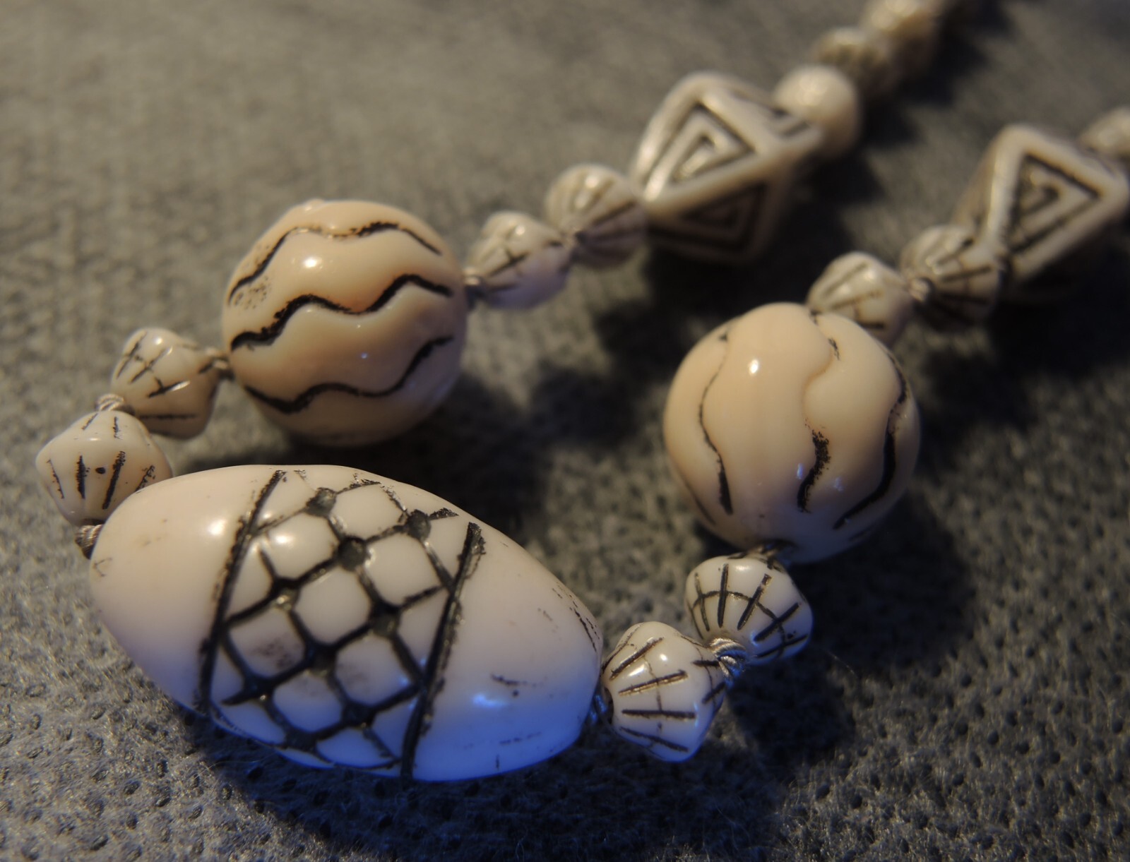 Rare Antique Czech Bohemian Molded Cream Glass Beads Necklace, Knotted
