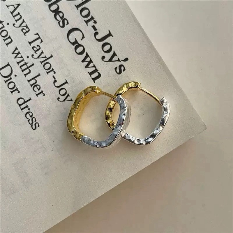 Two Tone Hammered Hoop Earrings 925 Silver Gold Silver Huggie Earrings 318