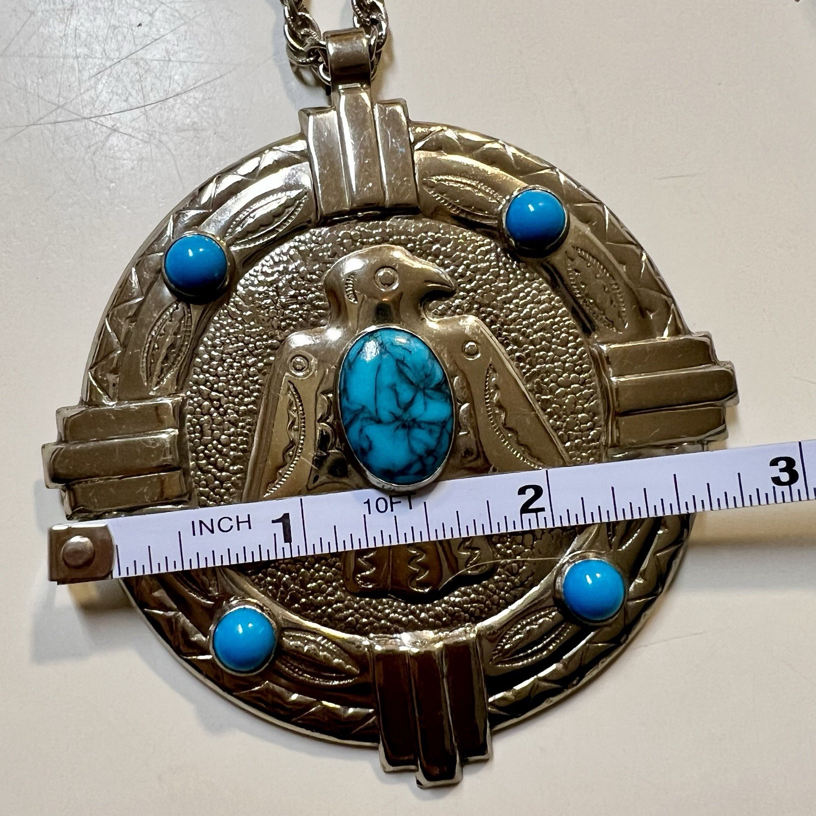 Nickle Silver Bell Vintage Western Navajo Thunderbird Turquoise Pendant Necklace
