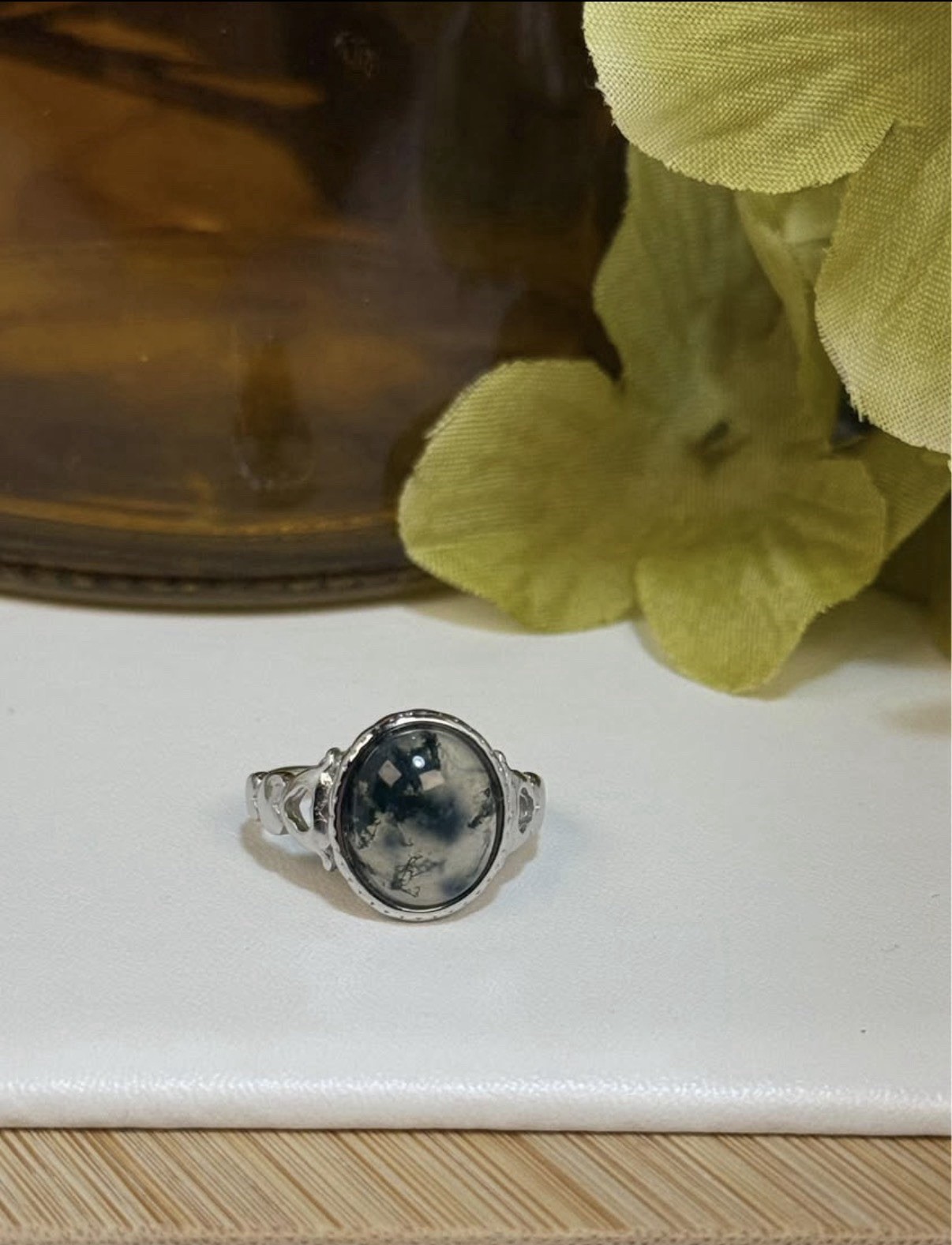 Moss Agate Adjustable Ring 14.2/5.6MM