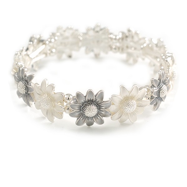 Pastel White/Grey Enamel Multi Daisy Flex Bracelet in Light Silver Tone – 20cm