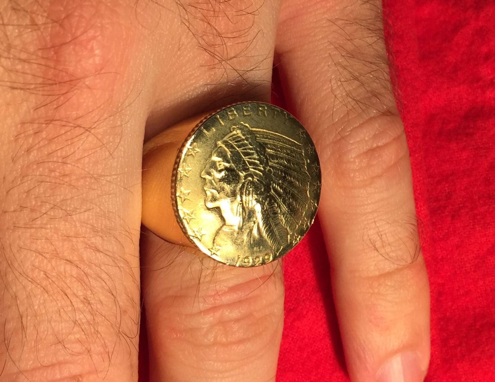 1929 Heavy Gold Plated Indian Head Feather Headdress Half Eagle Coin Ring Sz 10