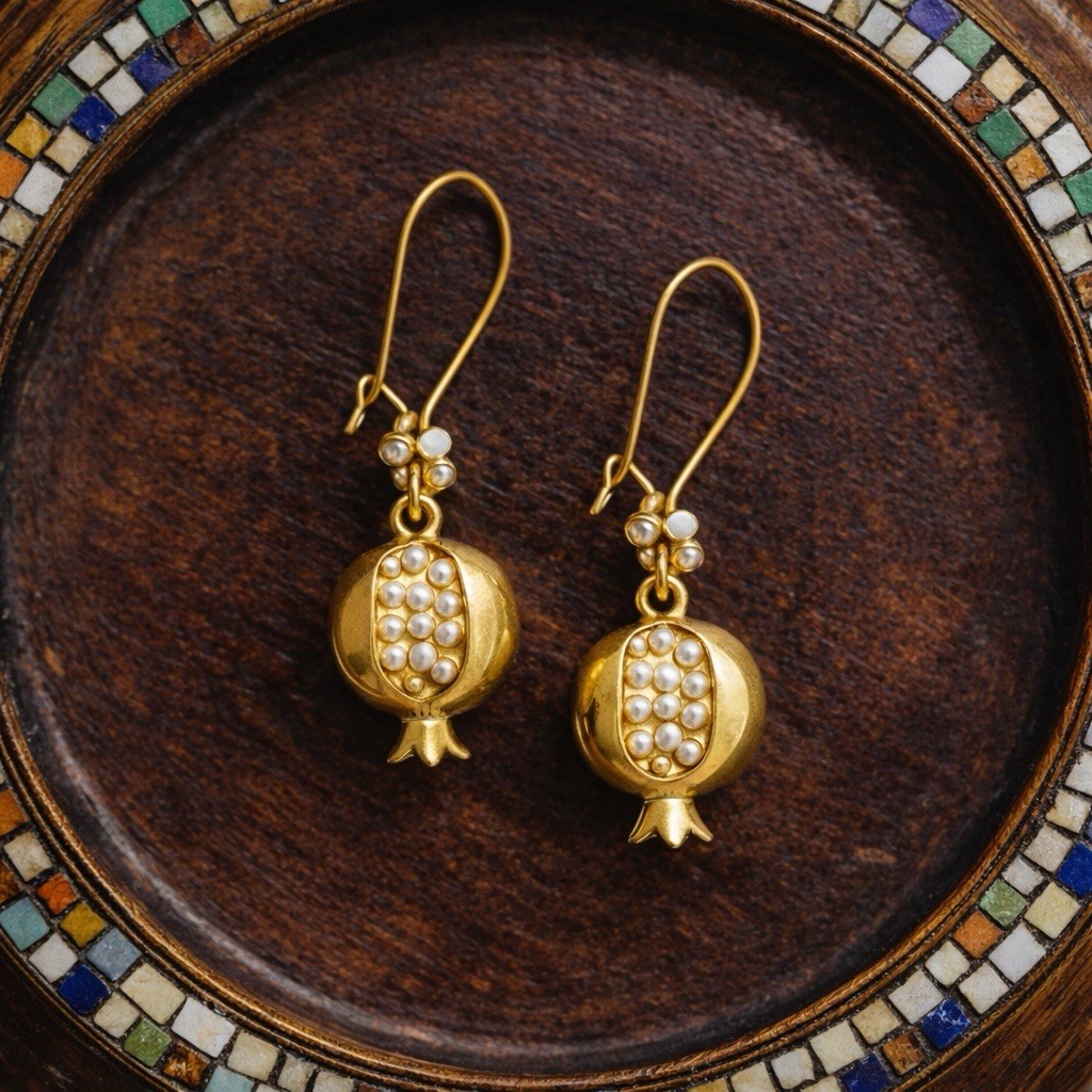Anthropologie Gold Pearl Pomegranate Earrings Etruscan Fruit Boho Hoop Retro