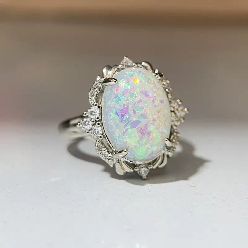 Elegant 925 Sterling Silver Rainbow Opal Charms Engagement Wedding Ring Size 10