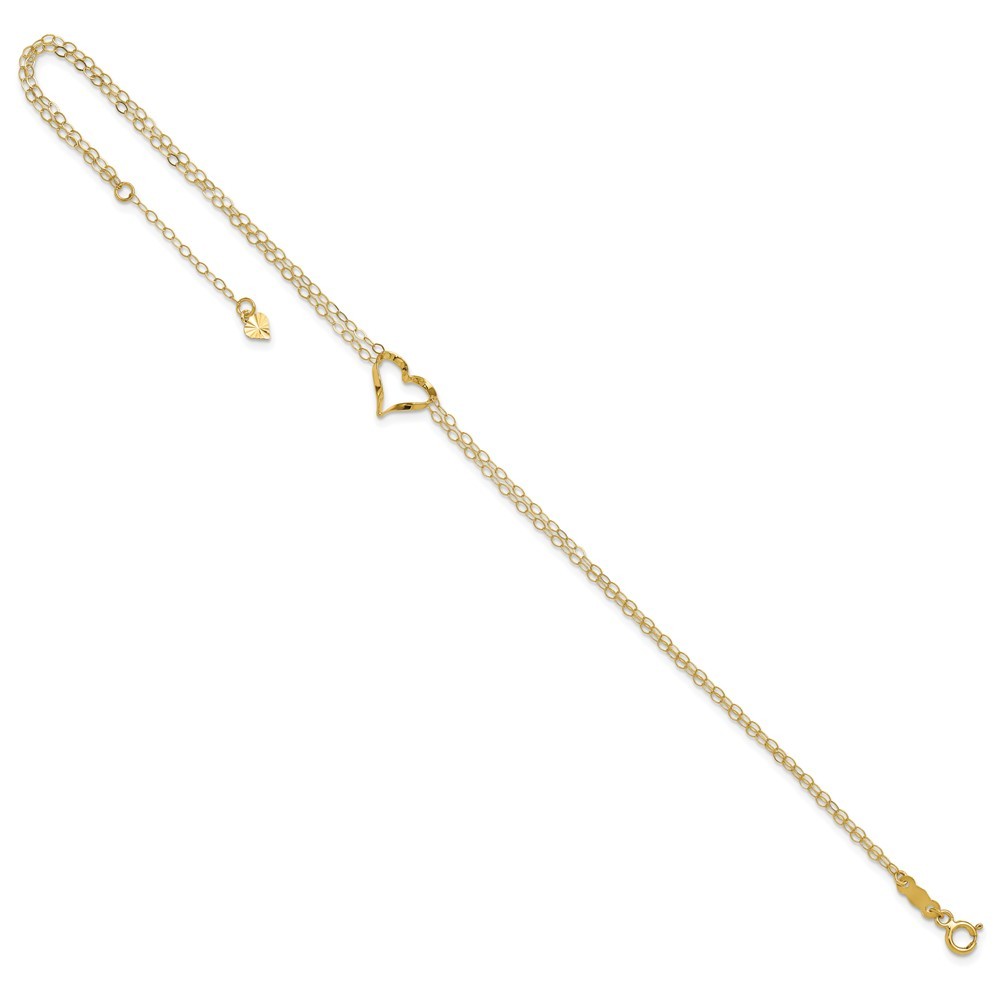 14k Yellow Gold Double Strand Heart 10in Plus 1in ext. Anklet for Women 0.95g