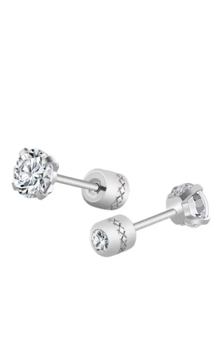 2PCS Silver Stainless Steel Round CZ Earrings Screw Back Ear Stud for Men Women