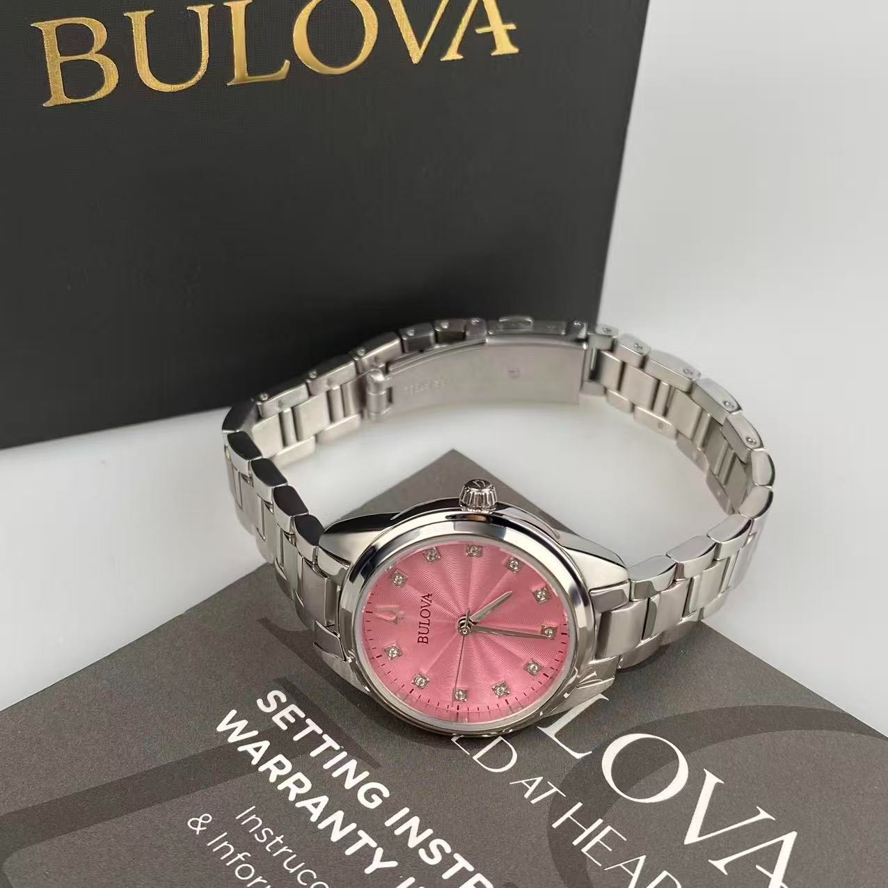 Bulova Sutton 96P249 Pink Diamond Dial Stainless Steel Women’s Quartz Watch 28mm