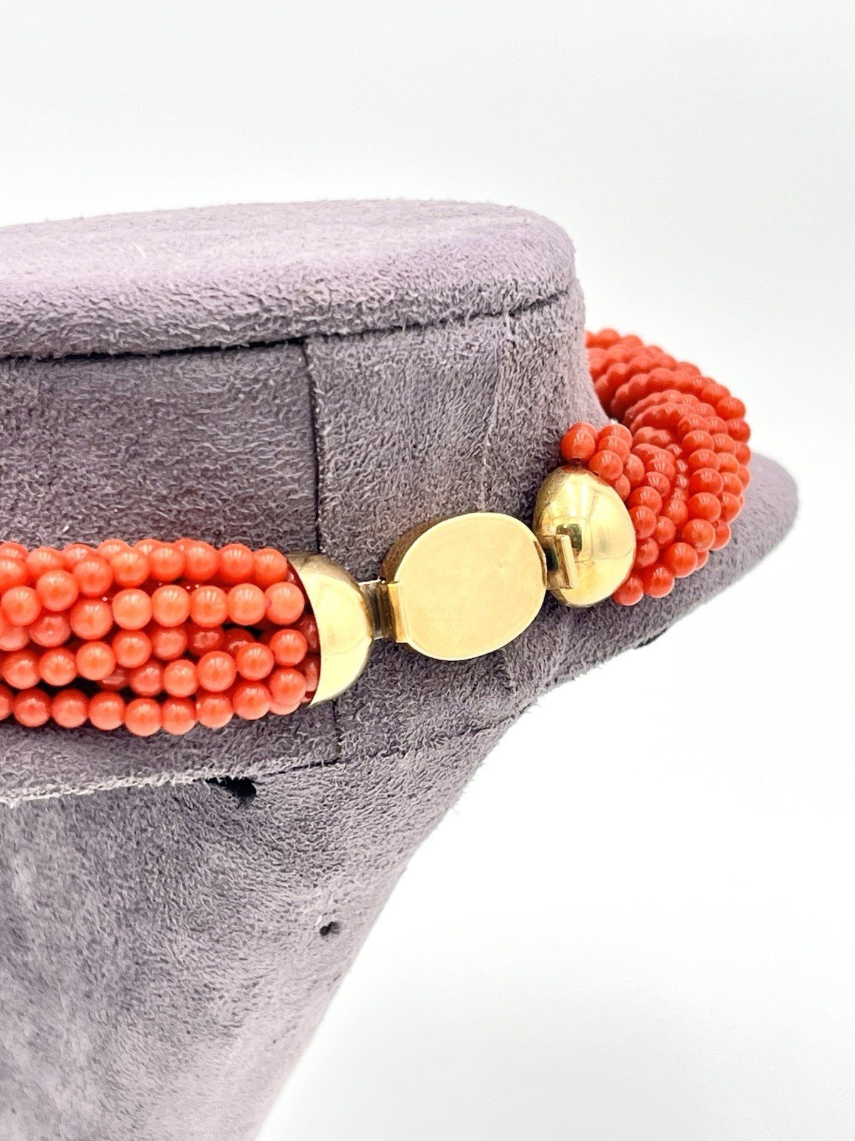 Mediterranean Red Coral Torchon Necklace 9 Strands 4mm 18kt Gold Natural Handmade
