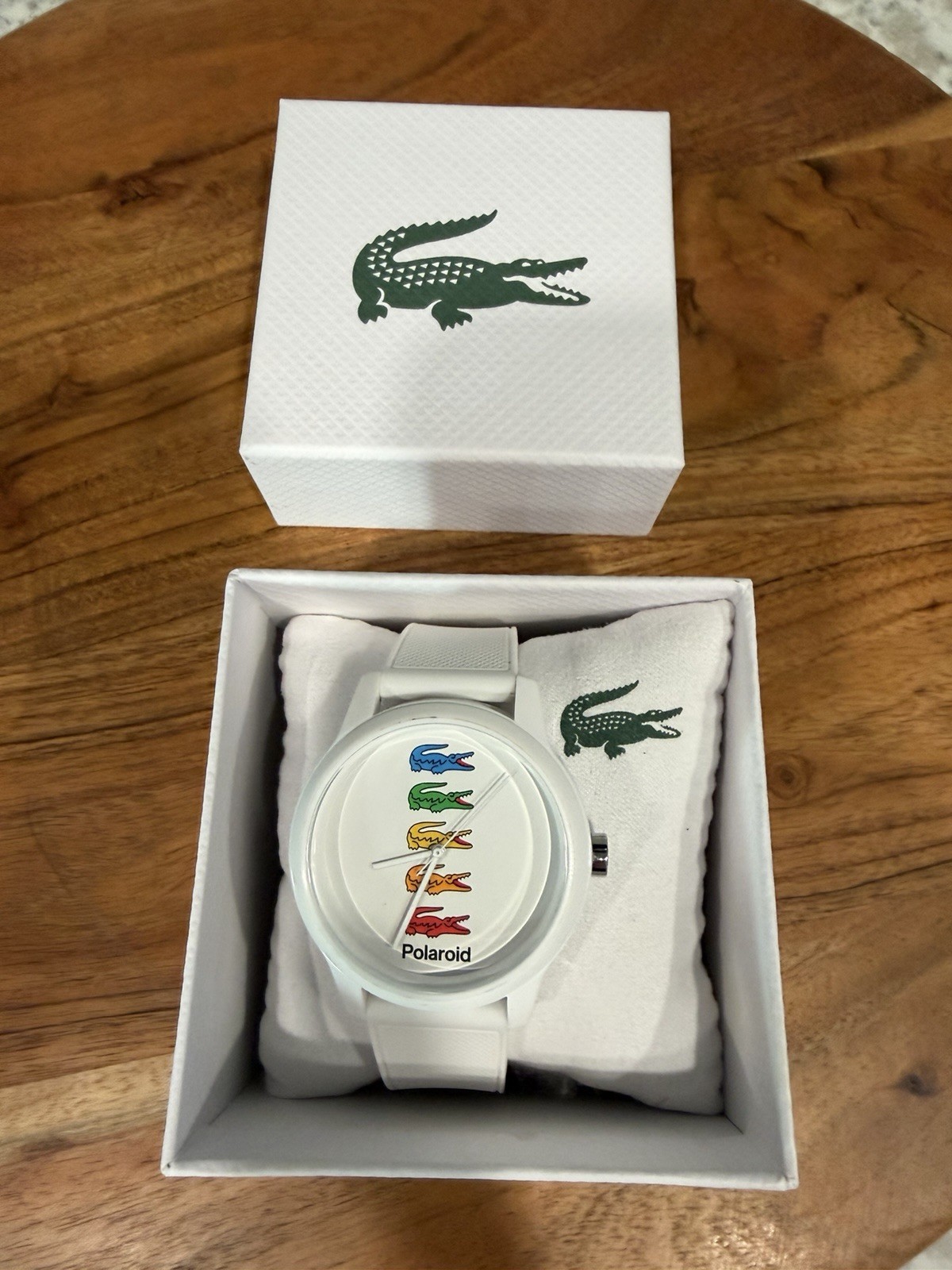 Men’s Lacoste Watch with White Silicone Band and Face – Multicolor Logo