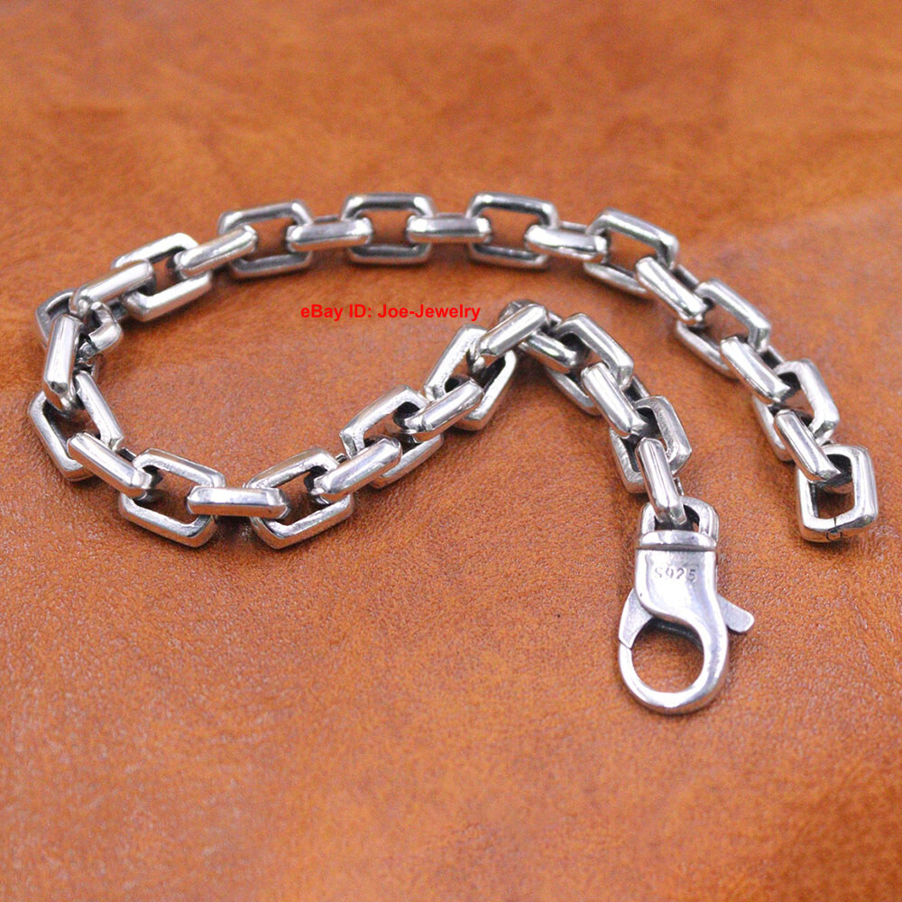 Real 925 Sterling Silver Bracelet 7mm Rectangle Link Chain 8.26inch For Men
