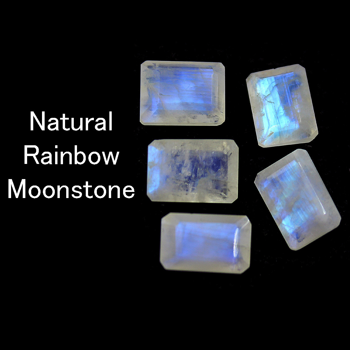 5 Pcs Natural Rainbow Moonstone Top Quality 13-13.7mm Baguette Cut Gemstones Lot