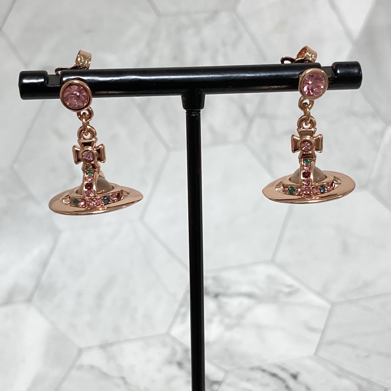Vivienne Earrings Petit Orb Rose Pink Gold Clear 2.5 x 1.4cm IN BOX