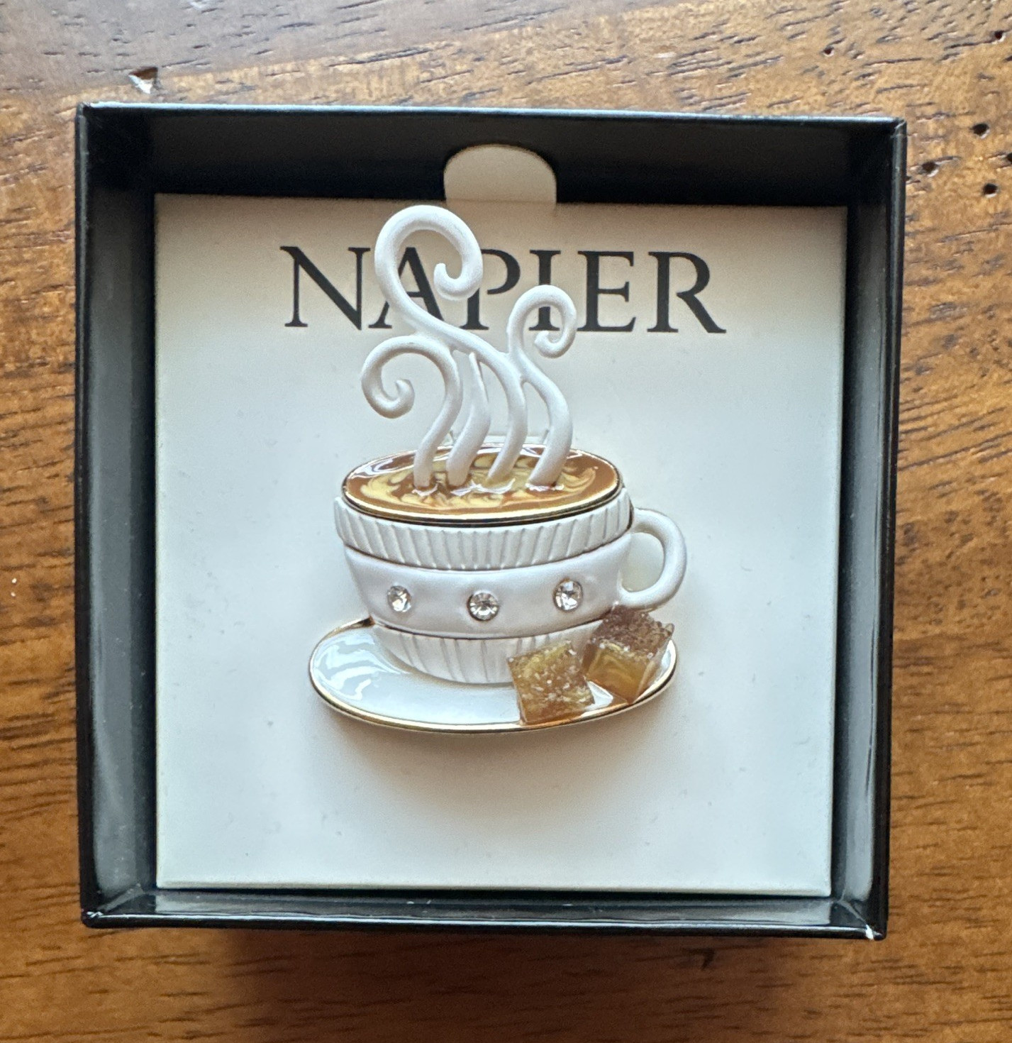 Napier Signed Coffee Cup & Saucer Brooch Pin White Gold Enamel Rhinestone