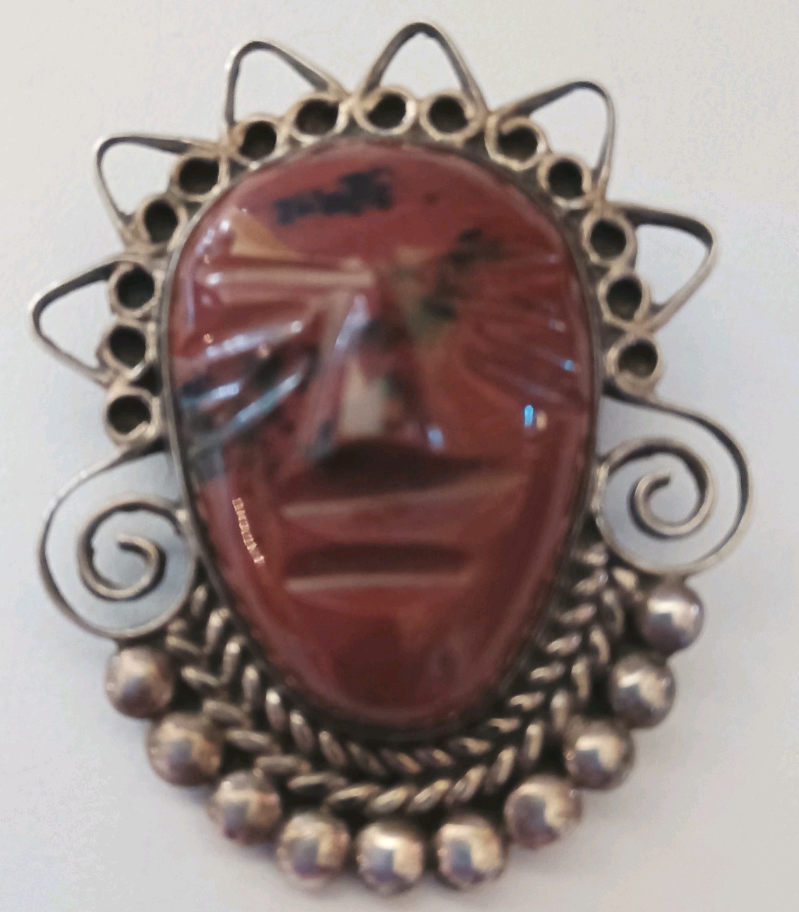 Vintage Mexican Aztec Face Mahogany Obsidian Brooch Pendant Sterling Marked