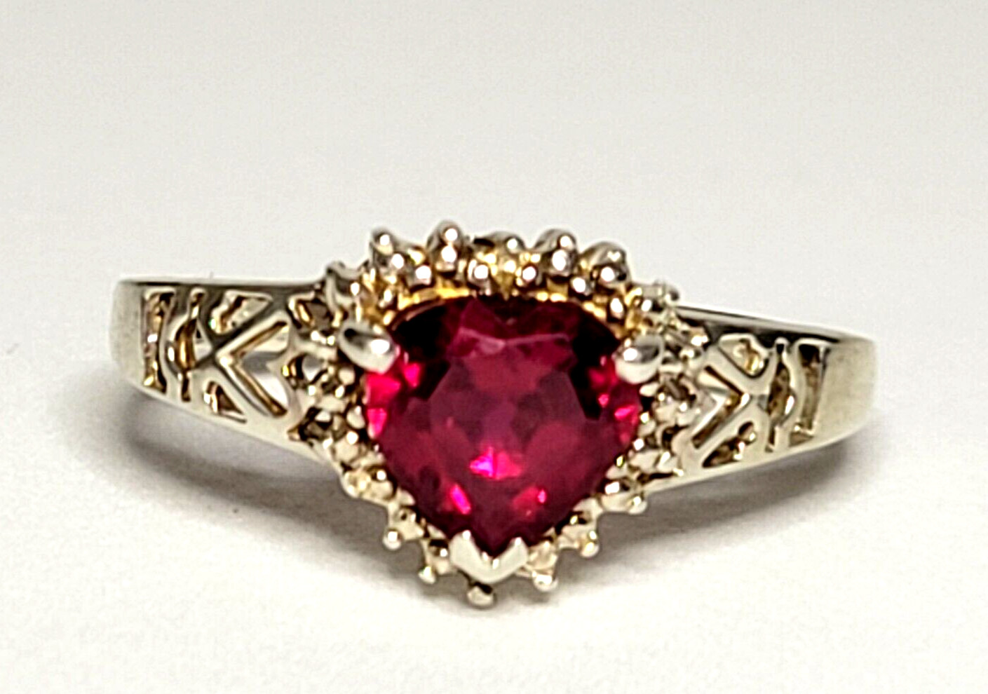 Sterling Silver (.925) Lab Created Ruby Heart & Diamond Accent Ring, Size 7, JJT