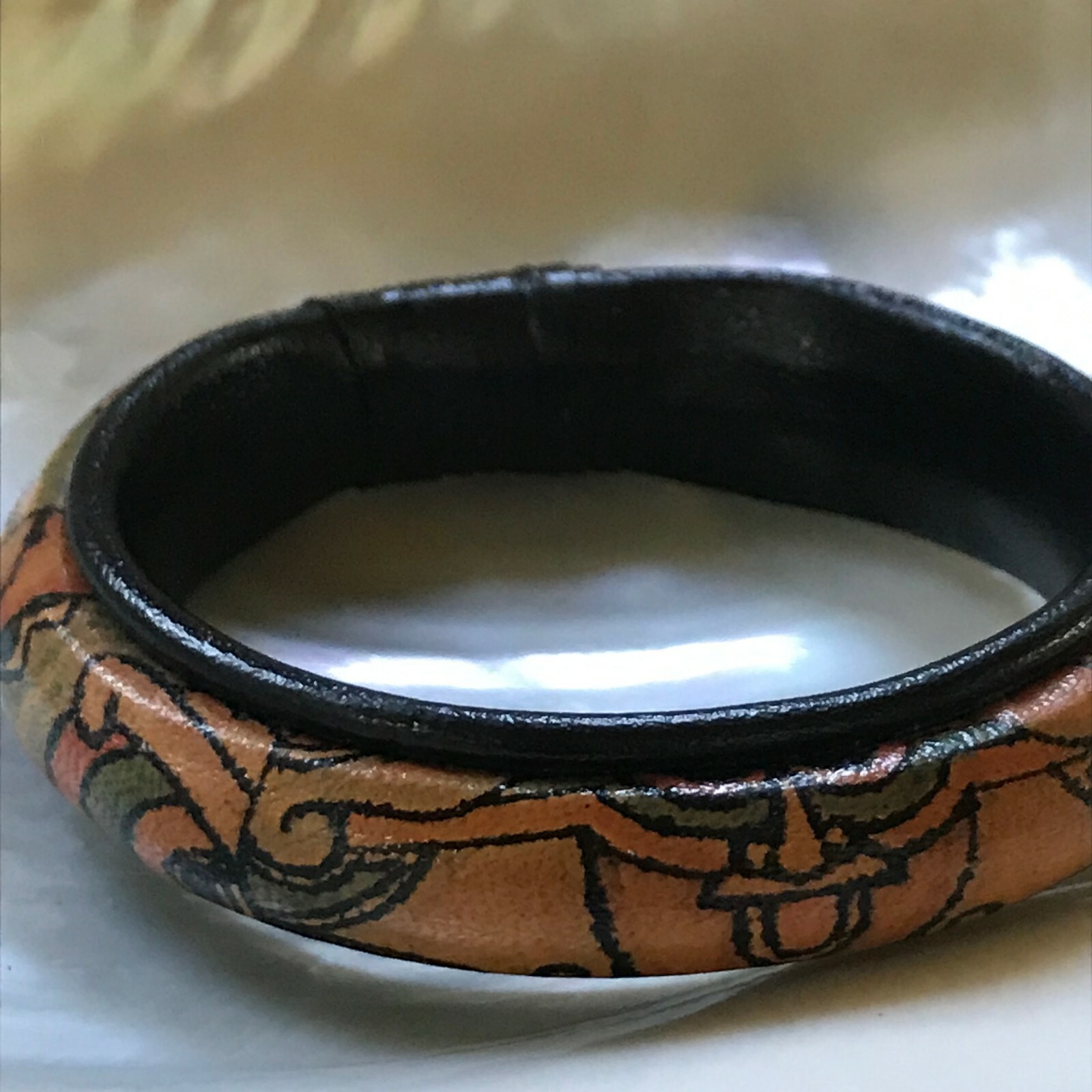 Estate Black with Brown Faded Blue Pink & Orange Arts & Craft Leather Bangle