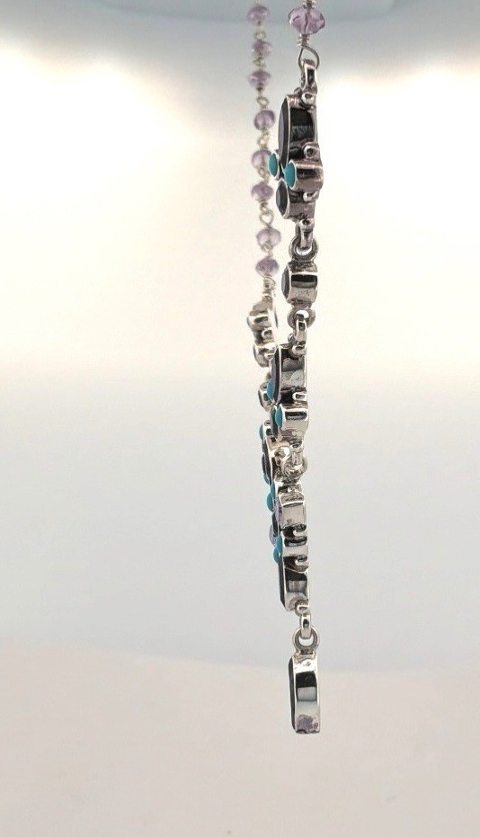 Estate 925 Sterling Silver Amethyst Turquoise Floral Necklace 20″ India Gift
