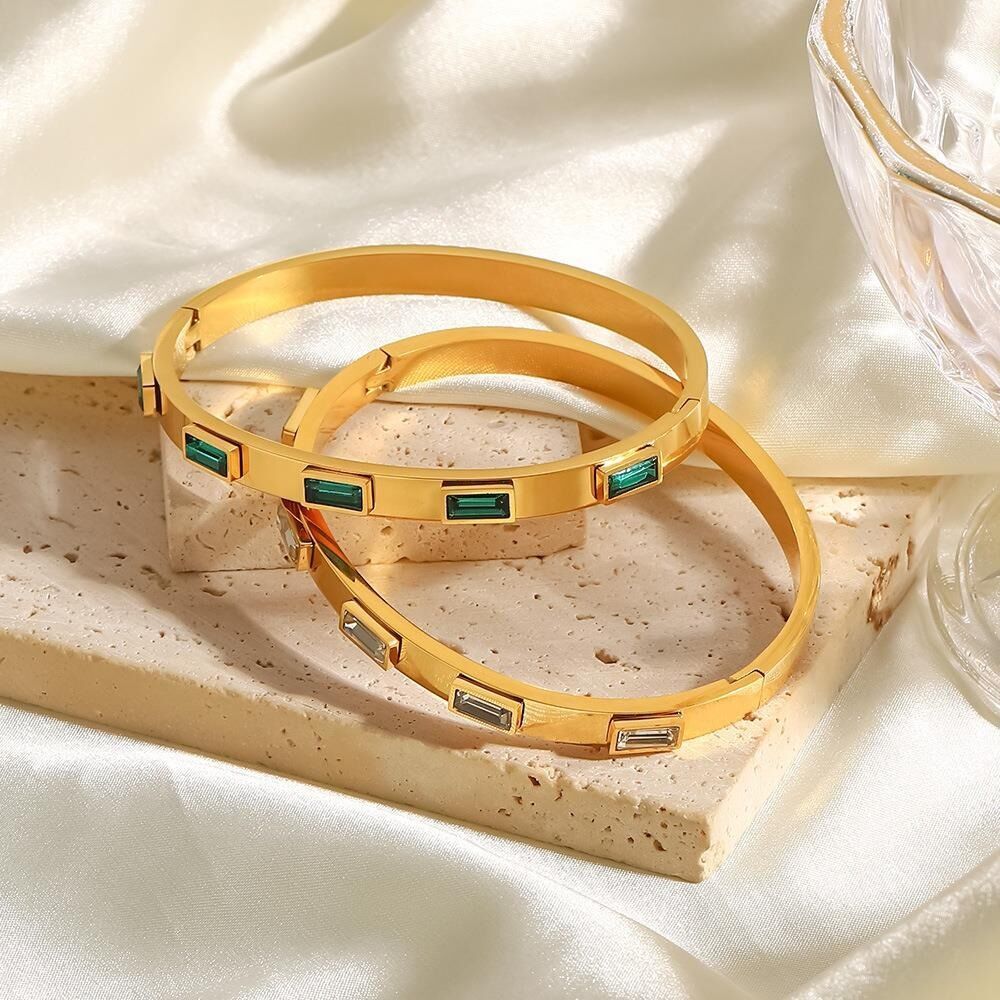 Woman 18K Gold Plated Stainless Steel Square Cubic Zircon Cuff Bracelet Bangle