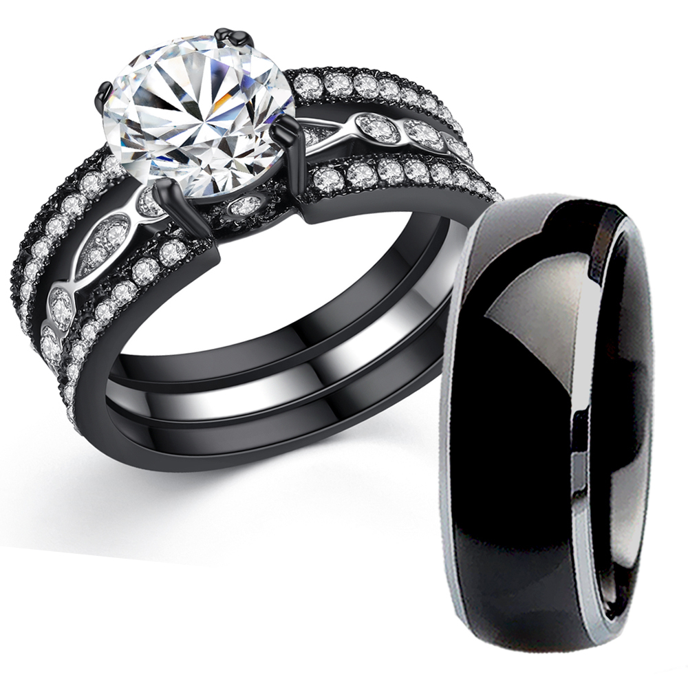 His Titanium Hers Black Stainless Steel Bridal Wedding Engagement Ring Band Set