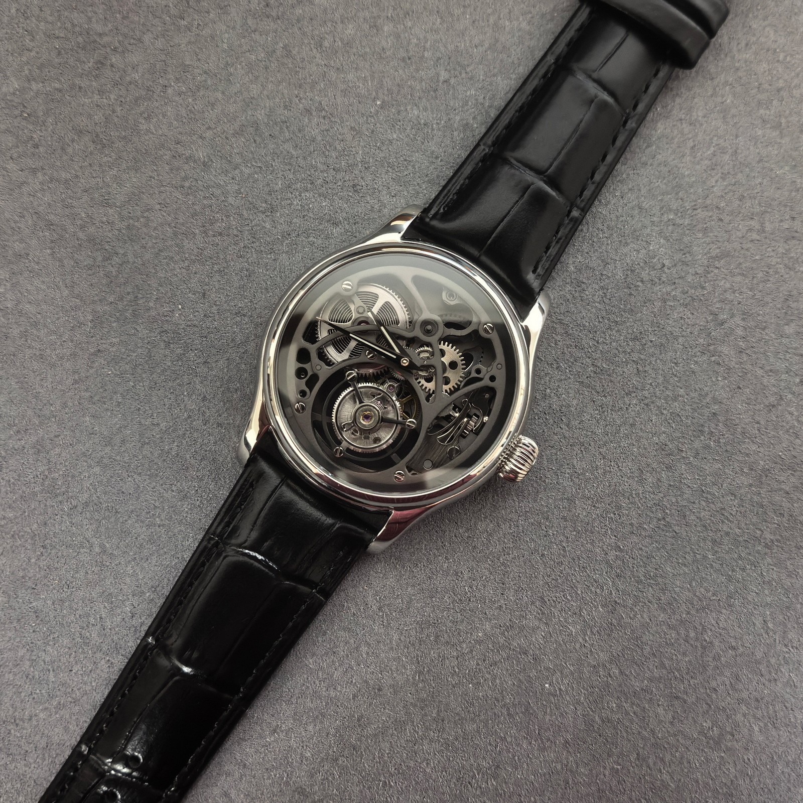 Merkur Men Tourbillon Watch Mechanical Wristwatch Sapphire Skeleton Carved Dial