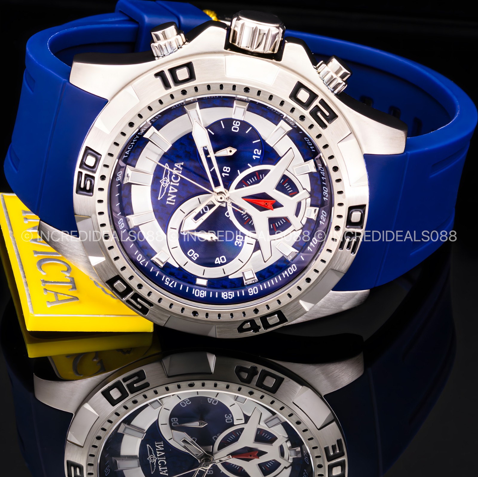 Invicta Mens AVIATOR Multi Function Blue Glass Fiber Dial Blue Strap SS Watch