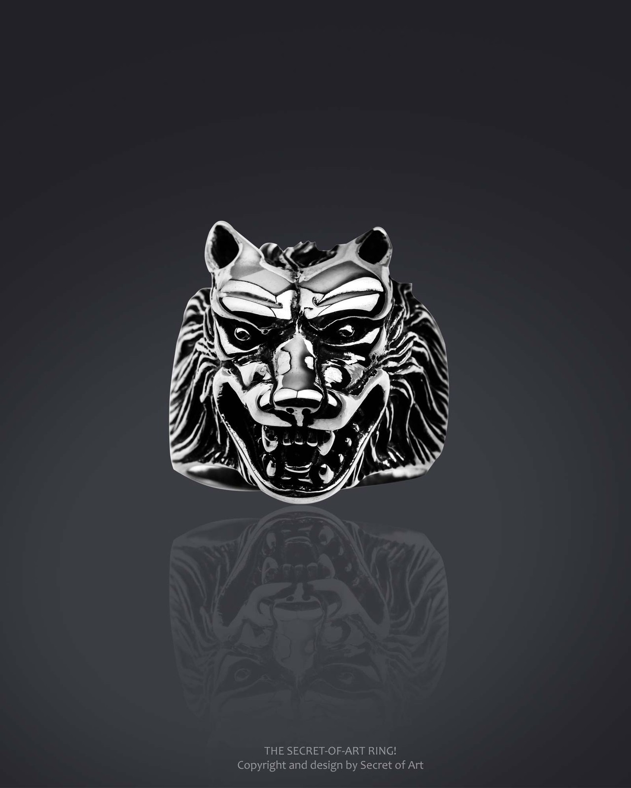 Wolf Ring Silver 925 huge 3D Wolfhead Biker Rocker Mens jewelry US-size 8-13
